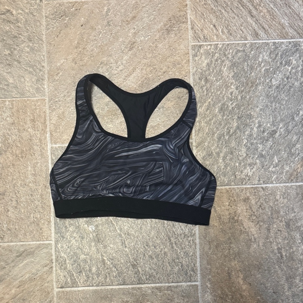 Marble Patterned Black and Gray Sports Bra